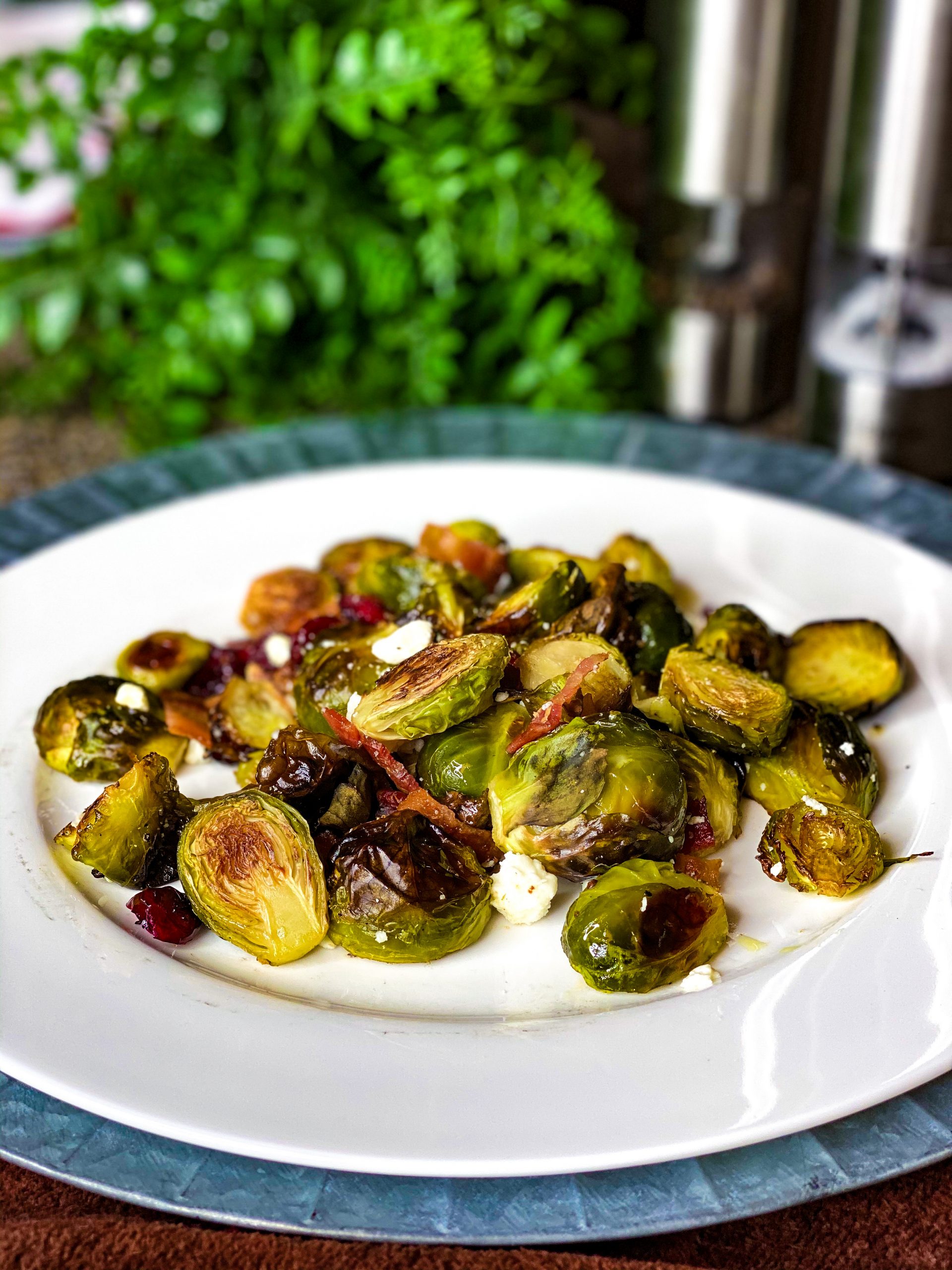 Roasted Brussels Sprouts with cranberry, feta, bacon, and toasted pecans